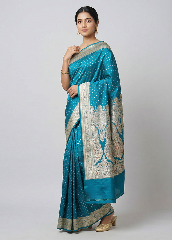 Blue Handloom Banarasi Pure Silk Saree With Blouse Piece