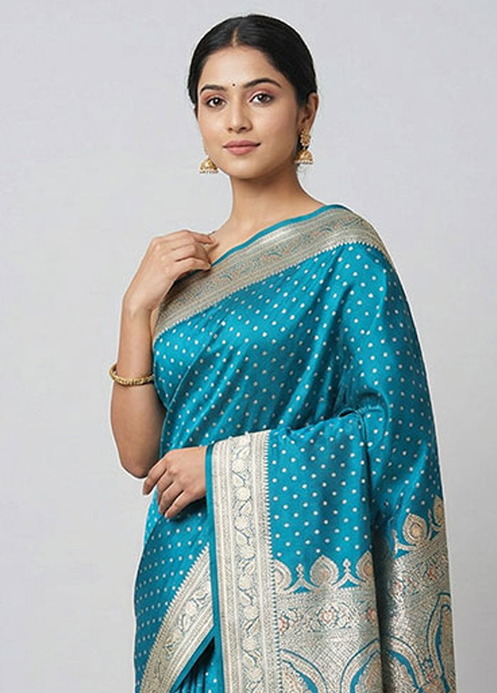 Blue Handloom Banarasi Pure Silk Saree With Blouse Piece