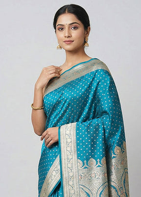 Blue Handloom Banarasi Pure Silk Saree With Blouse Piece