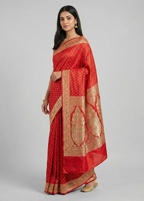 Red Handloom Banarasi Pure Silk Saree With Blouse Piece