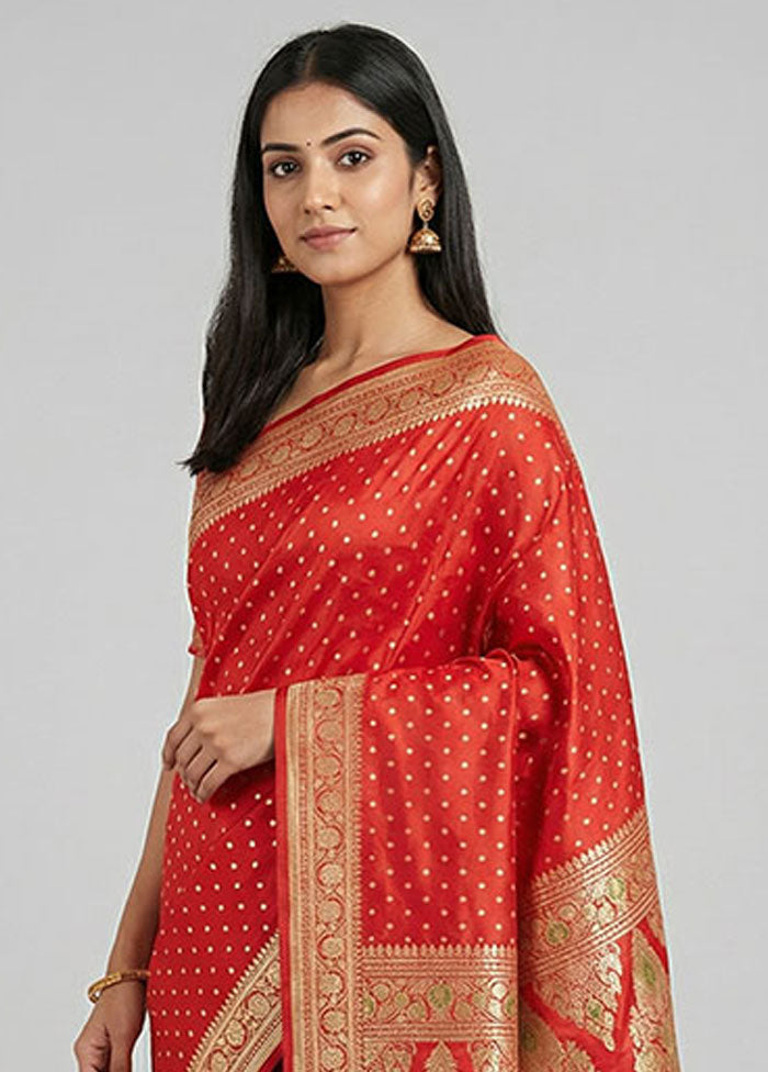Red Handloom Banarasi Pure Silk Saree With Blouse Piece