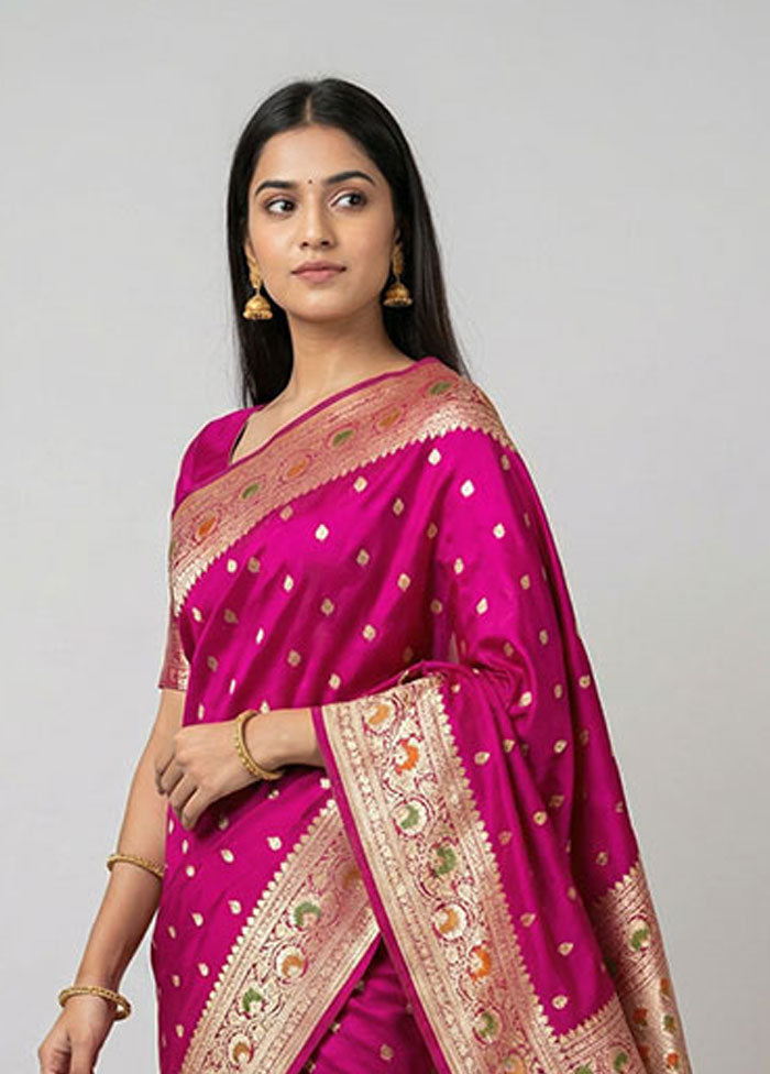 Pink Handloom Banarasi Pure Silk Saree With Blouse Piece