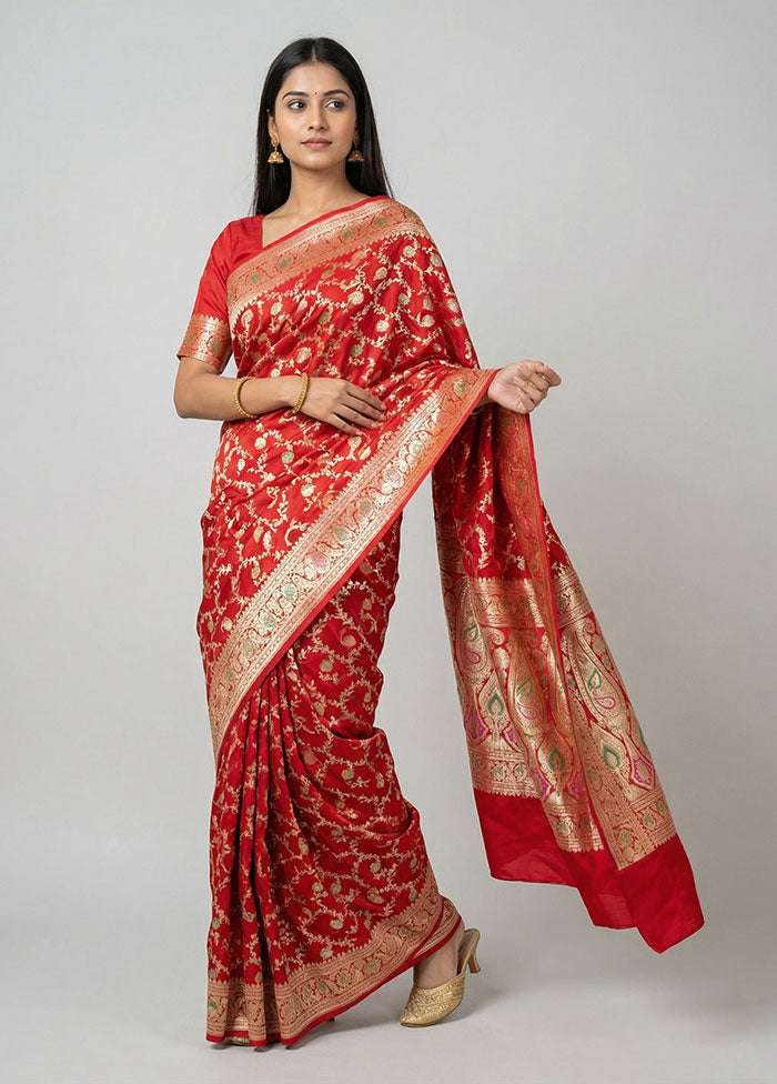 Red Handloom Banarasi Pure Silk Saree With Blouse Piece