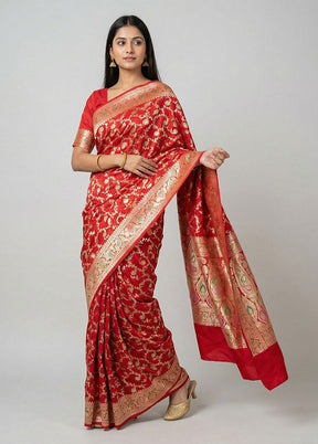 Red Handloom Banarasi Pure Silk Saree With Blouse Piece