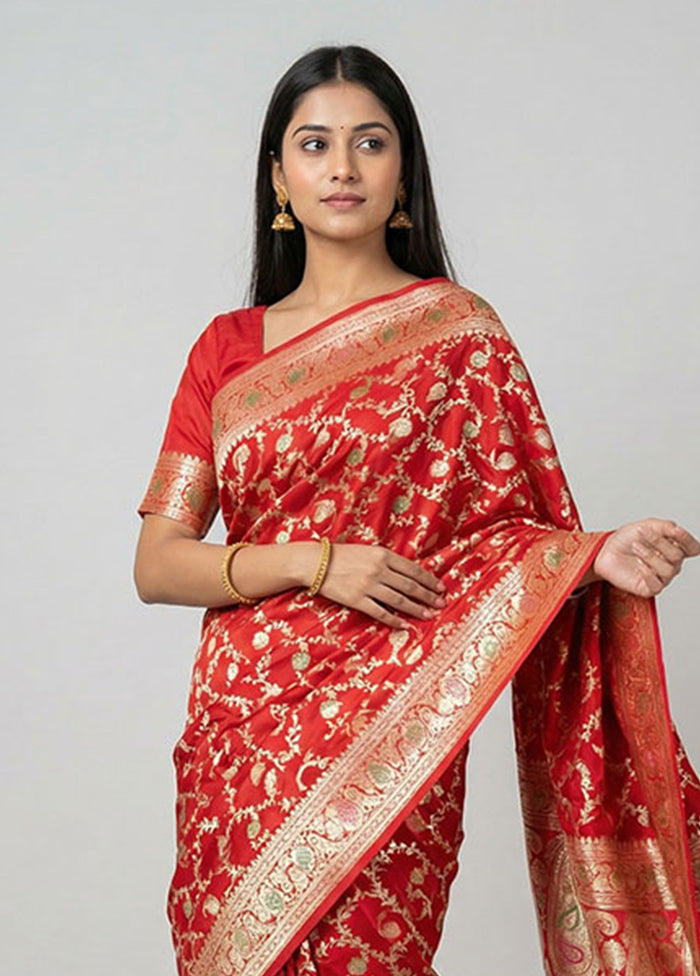 Red Handloom Banarasi Pure Silk Saree With Blouse Piece