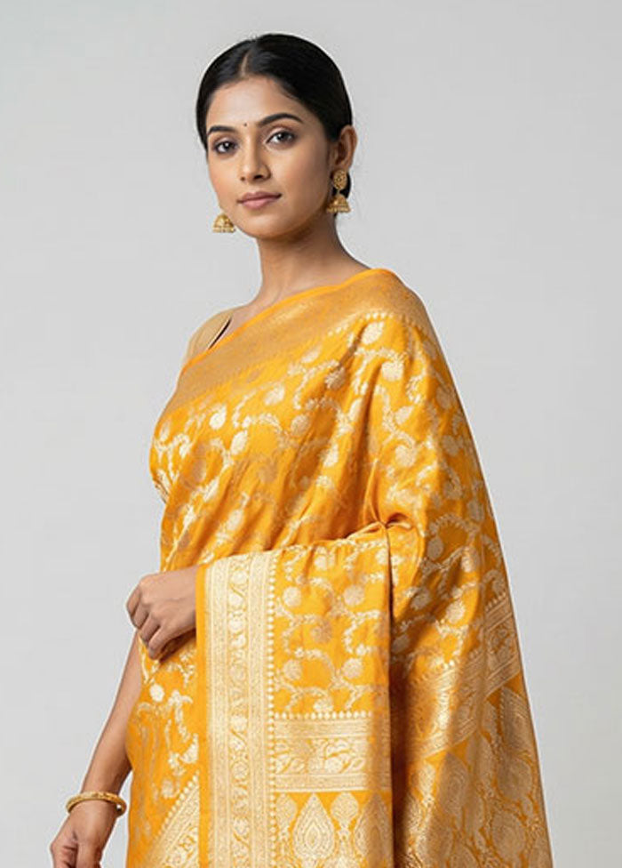 Yellow Handloom Banarasi Pure Silk Saree With Blouse Piece