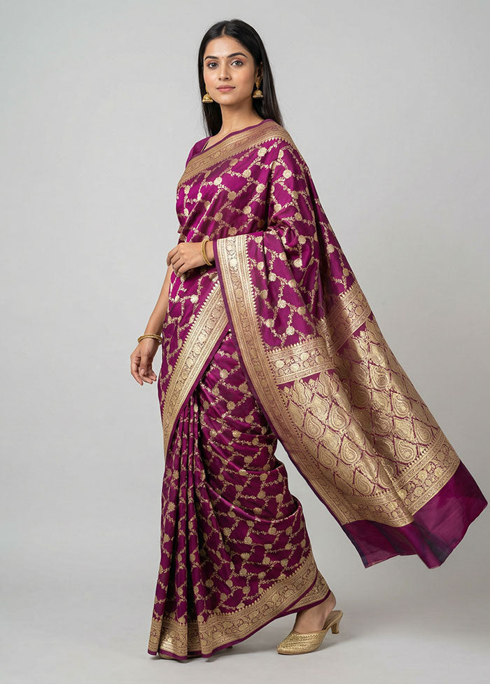 Purple Handloom Banarasi Pure Silk Saree With Blouse Piece