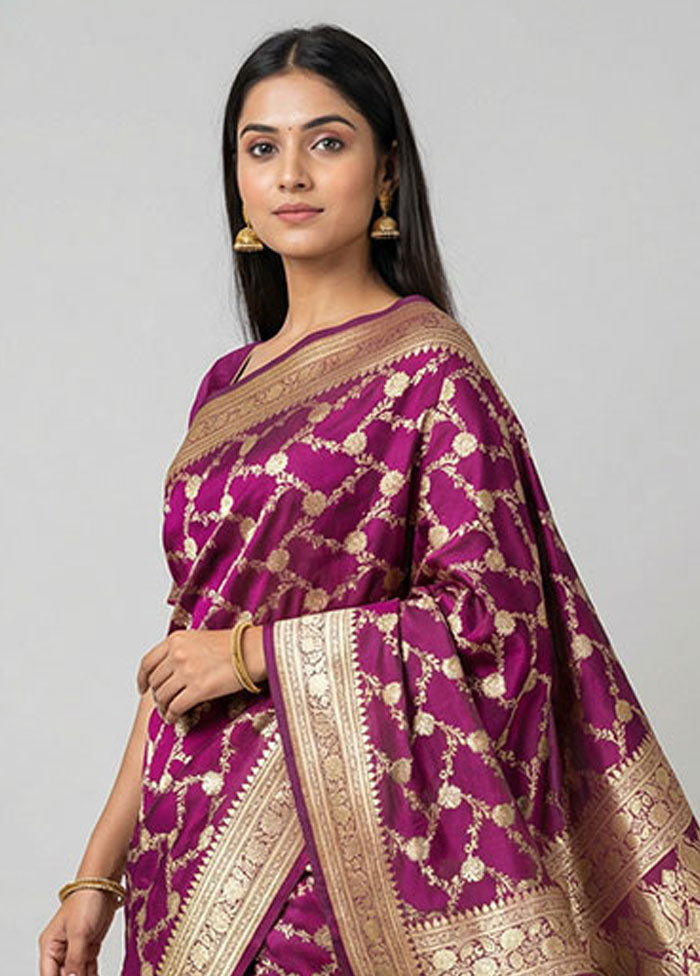 Purple Handloom Banarasi Pure Silk Saree With Blouse Piece