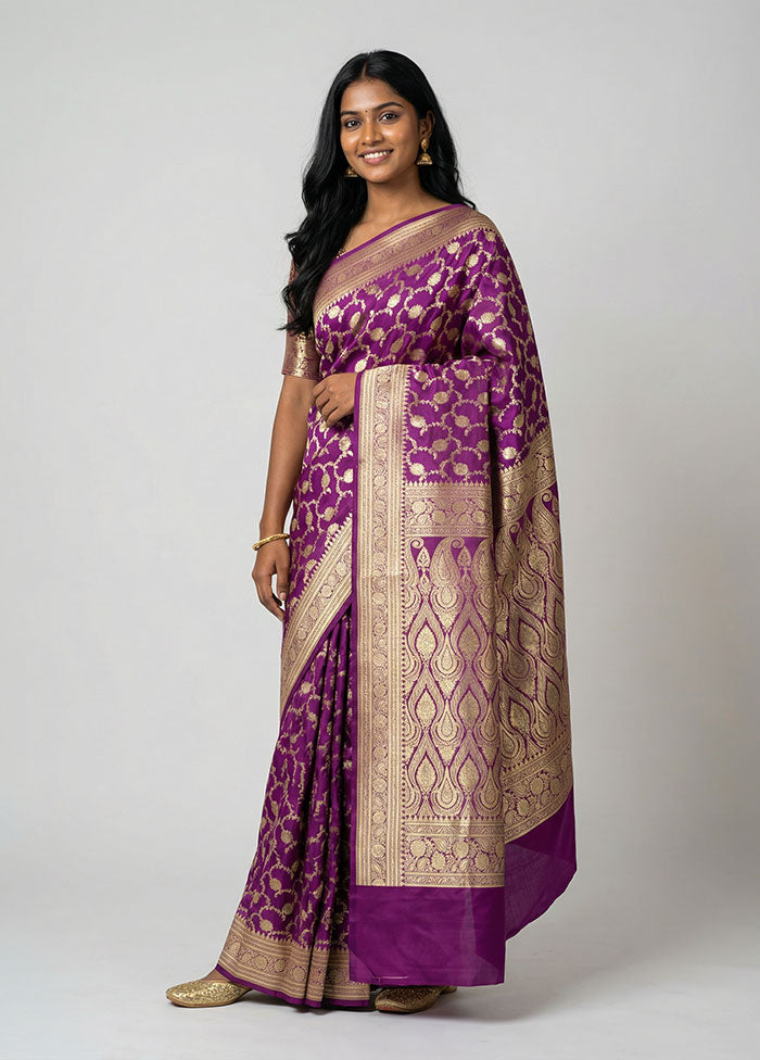 Purple Handloom Banarasi Pure Silk Saree With Blouse Piece
