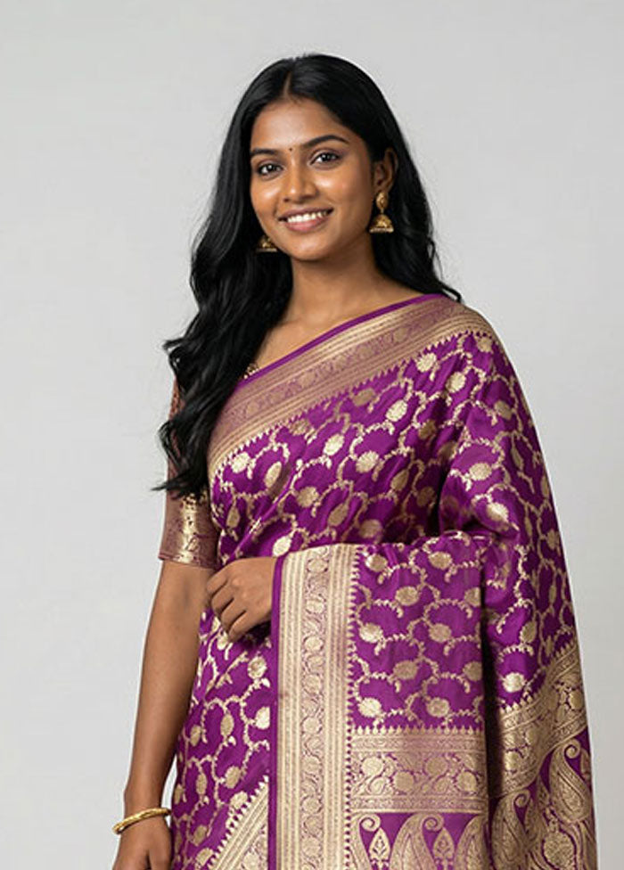 Purple Handloom Banarasi Pure Silk Saree With Blouse Piece