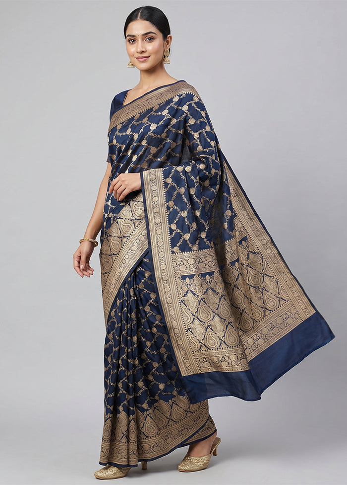 Blue Handloom Banarasi Pure Silk Saree With Blouse Piece