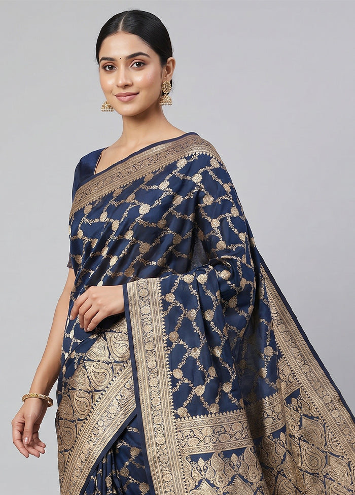Blue Handloom Banarasi Pure Silk Saree With Blouse Piece