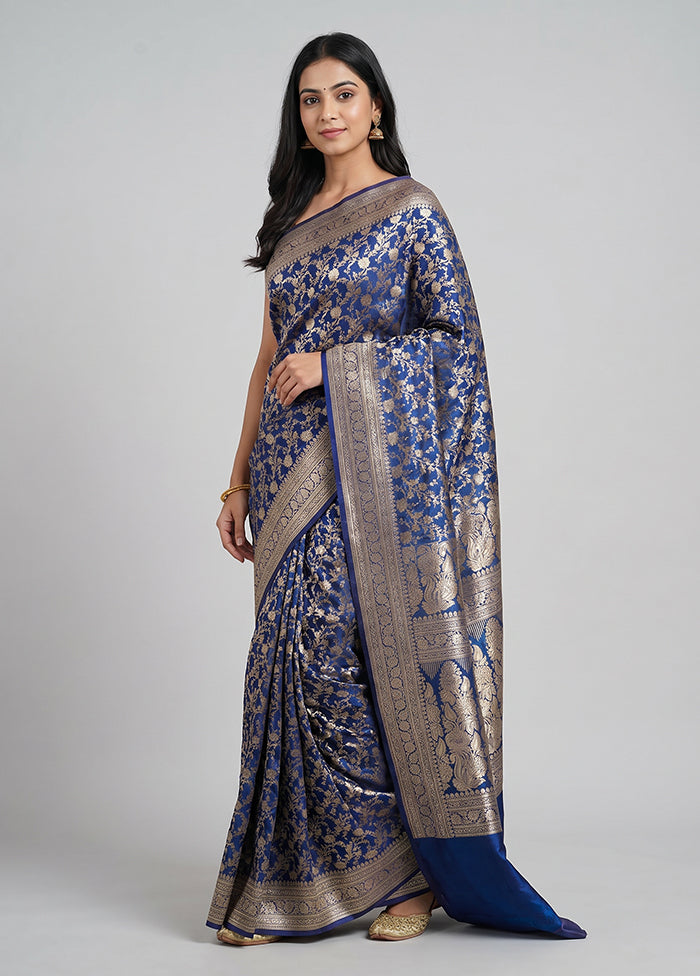 Blue Handloom Banarasi Pure Silk Saree With Blouse Piece