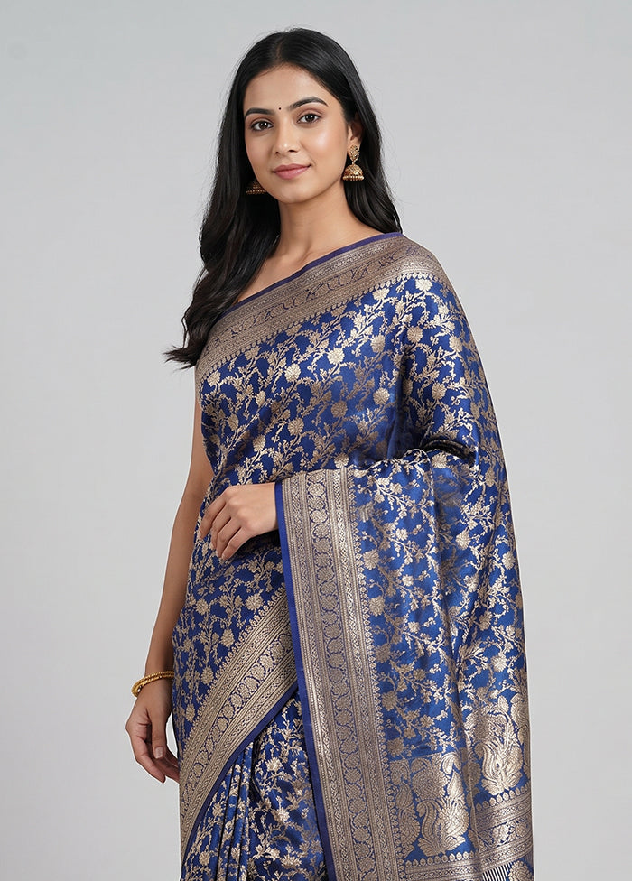 Blue Handloom Banarasi Pure Silk Saree With Blouse Piece