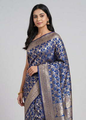 Blue Handloom Banarasi Pure Silk Saree With Blouse Piece