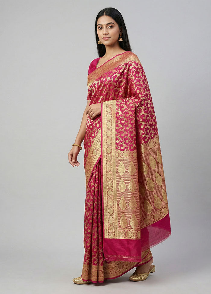 Pink Handloom Banarasi Pure Silk Saree With Blouse Piece