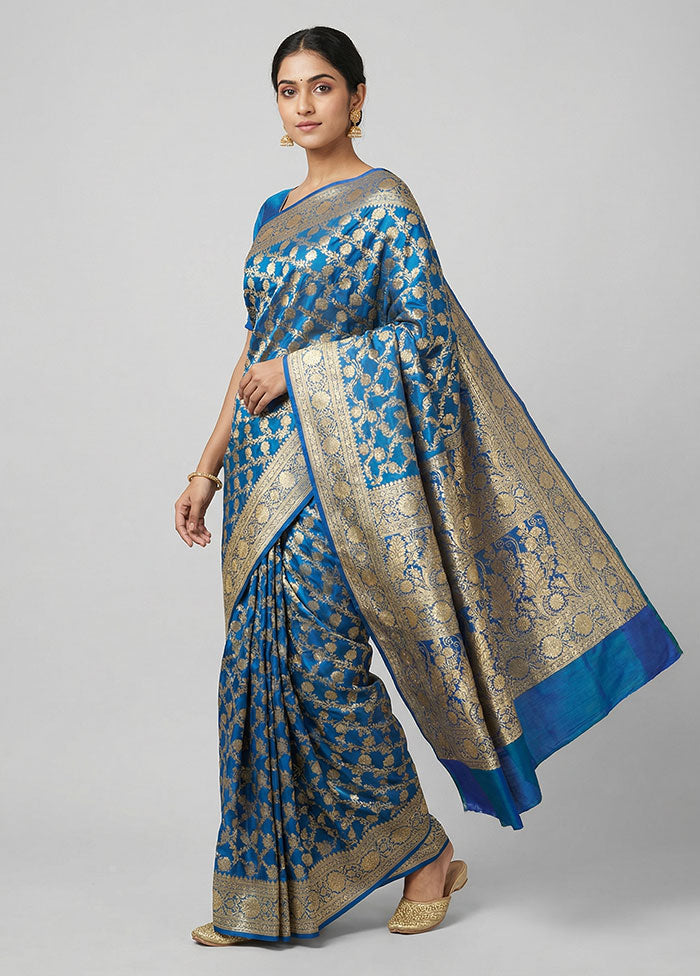 Blue Handloom Banarasi Pure Silk Saree With Blouse Piece