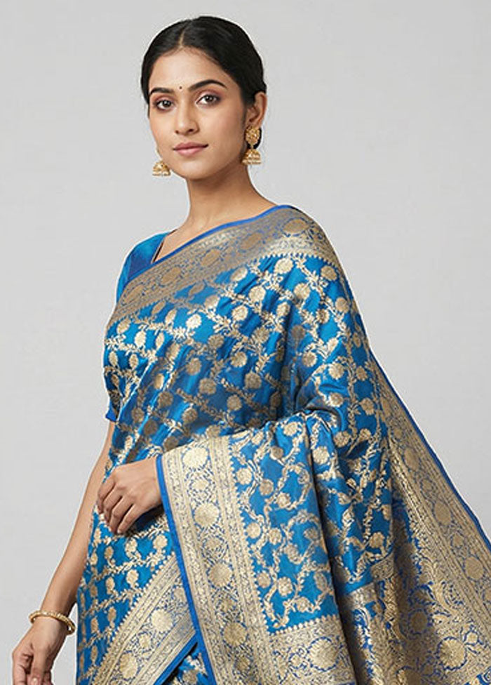 Blue Handloom Banarasi Pure Silk Saree With Blouse Piece