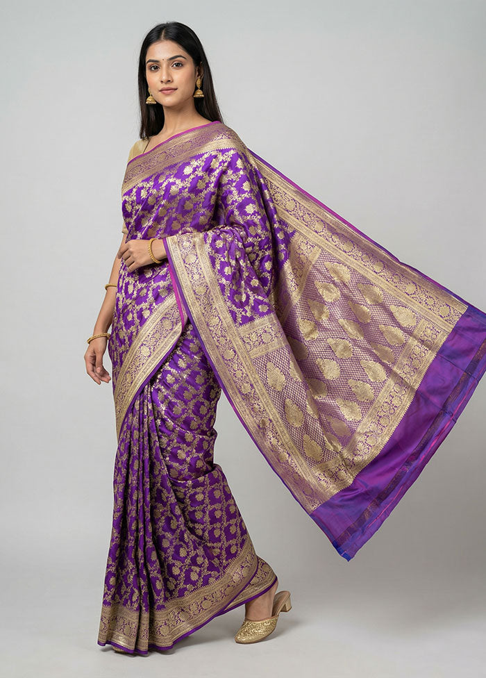 Purple Handloom Banarasi Pure Silk Saree With Blouse Piece