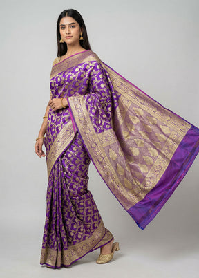 Purple Handloom Banarasi Pure Silk Saree With Blouse Piece