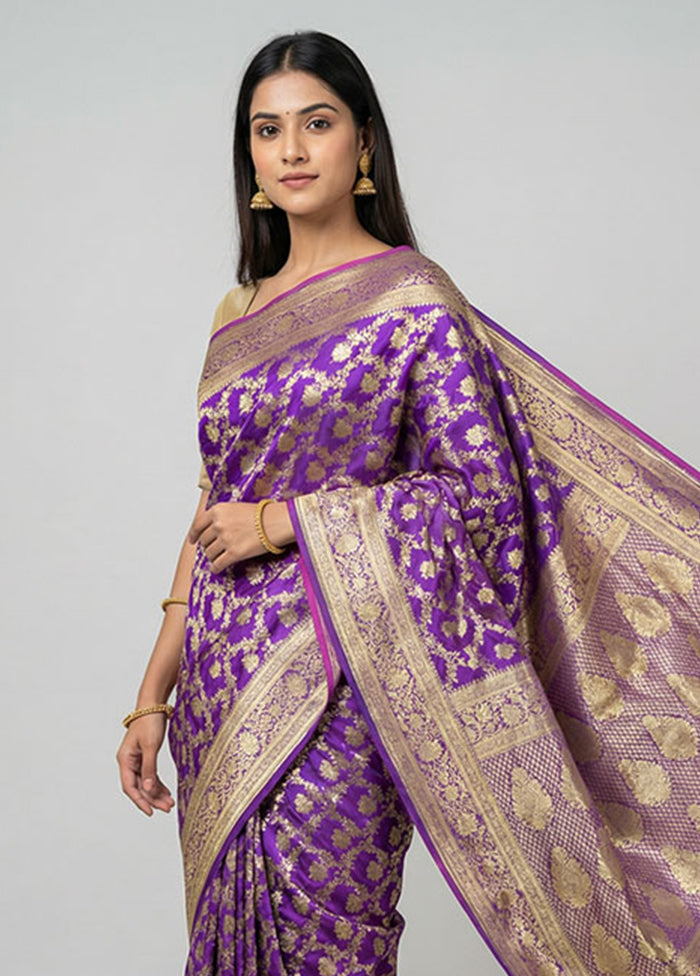 Purple Handloom Banarasi Pure Silk Saree With Blouse Piece