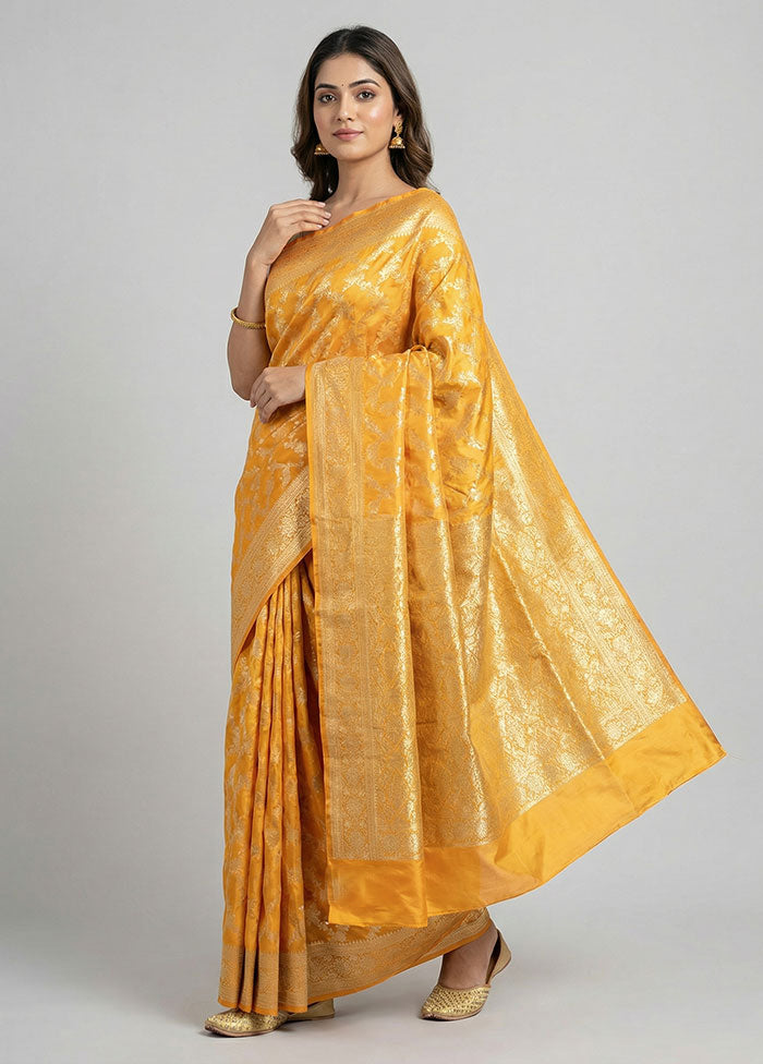 Yellow Handloom Banarasi Pure Silk Saree With Blouse Piece