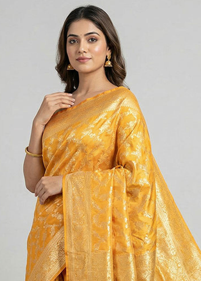 Yellow Handloom Banarasi Pure Silk Saree With Blouse Piece