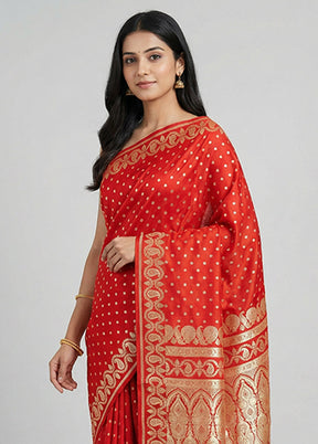 Red Handloom Banarasi Pure Silk Saree With Blouse Piece