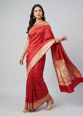 Red Handloom Banarasi Pure Silk Saree With Blouse Piece