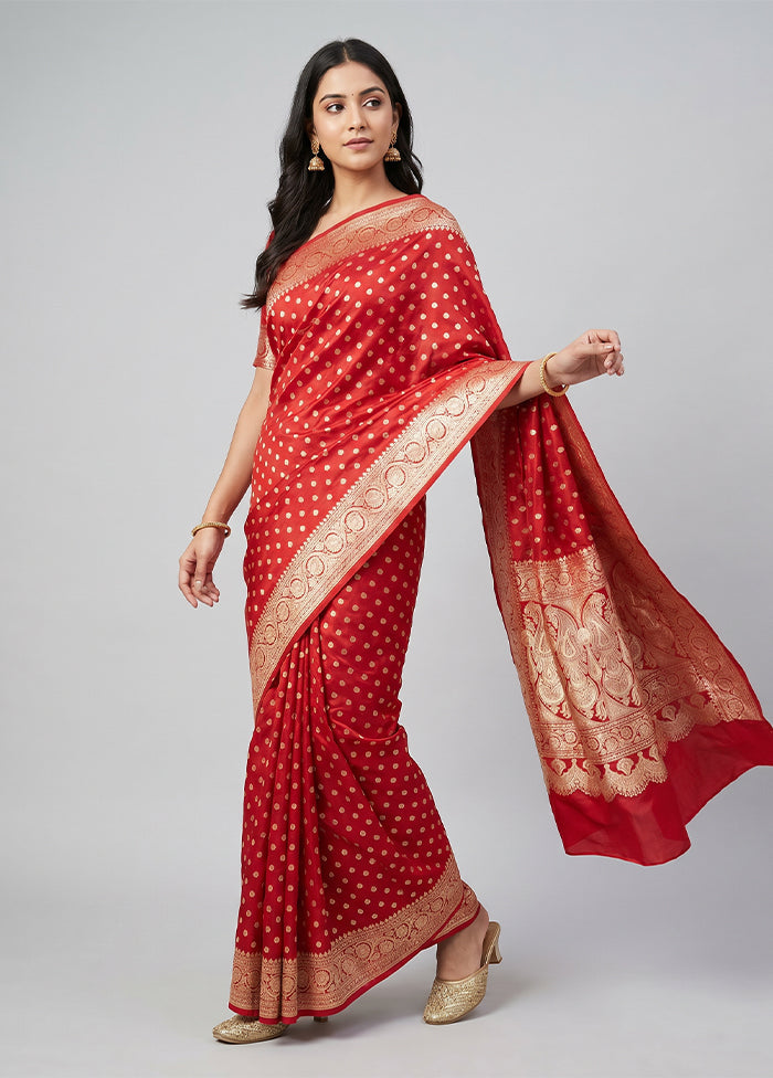 Red Handloom Banarasi Pure Silk Saree With Blouse Piece