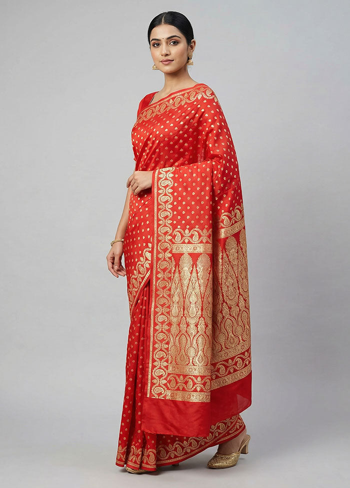 Orange Handloom Banarasi Pure Silk Saree With Blouse Piece