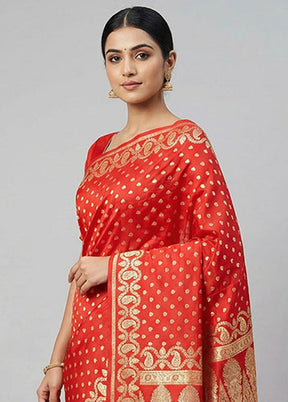 Orange Handloom Banarasi Pure Silk Saree With Blouse Piece