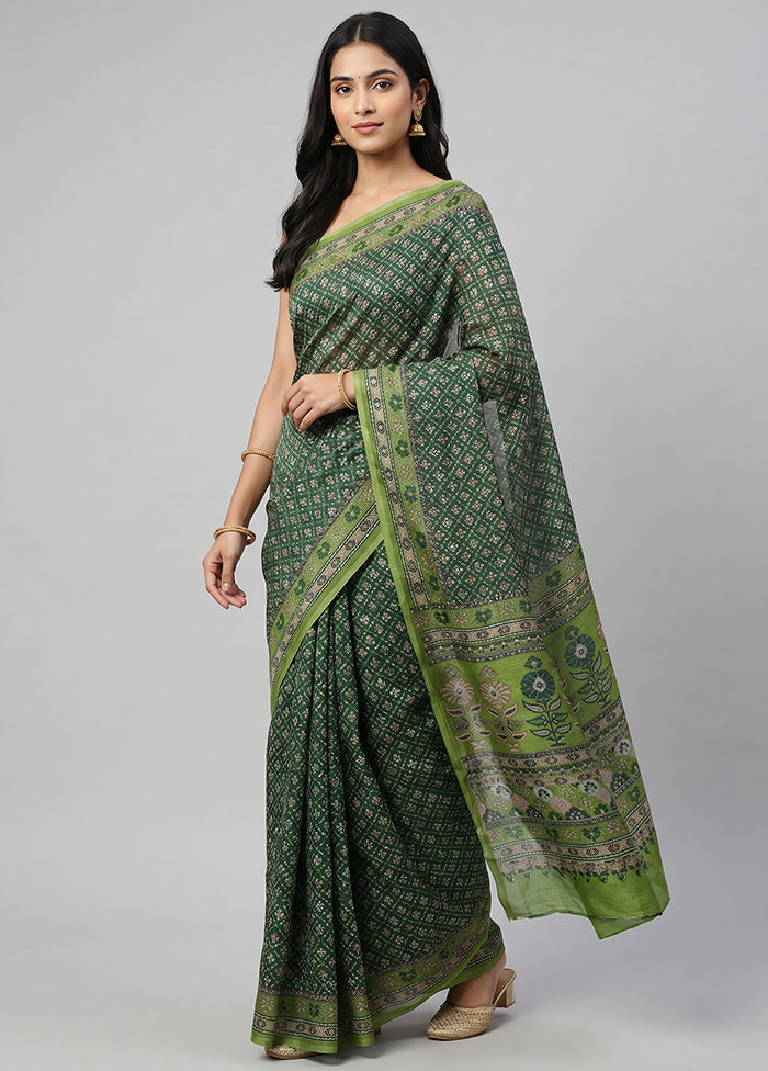 Green Printed Silk Saree Without Blouse Piece