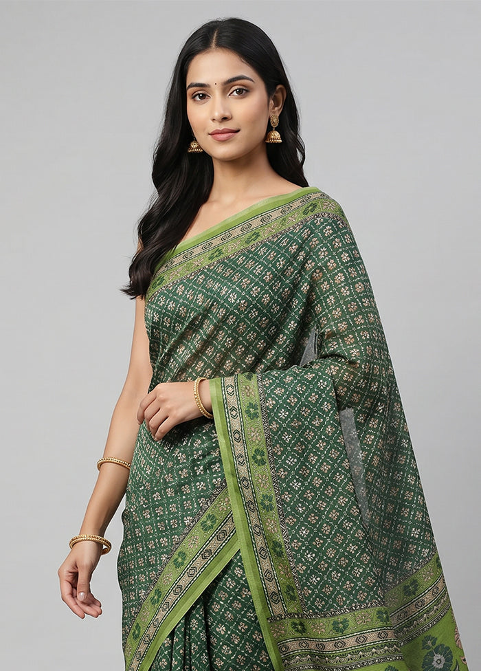 Green Printed Silk Saree Without Blouse Piece