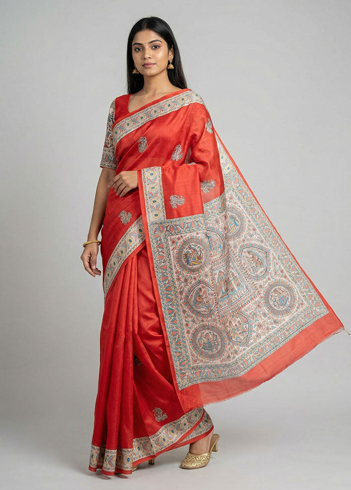 Red Printed Silk Saree Without Blouse Piece