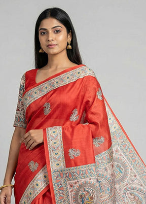 Red Printed Silk Saree Without Blouse Piece