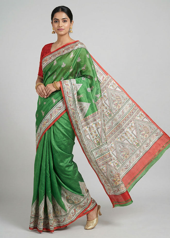 Green Printed Silk Saree Without Blouse Piece