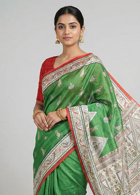 Green Printed Silk Saree Without Blouse Piece