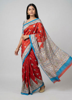 Red Printed Silk Saree Without Blouse Piece