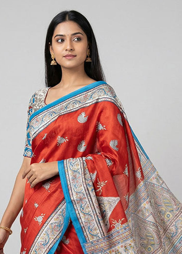 Red Printed Silk Saree Without Blouse Piece