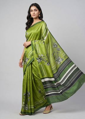 Green Printed Silk Saree Without Blouse Piece