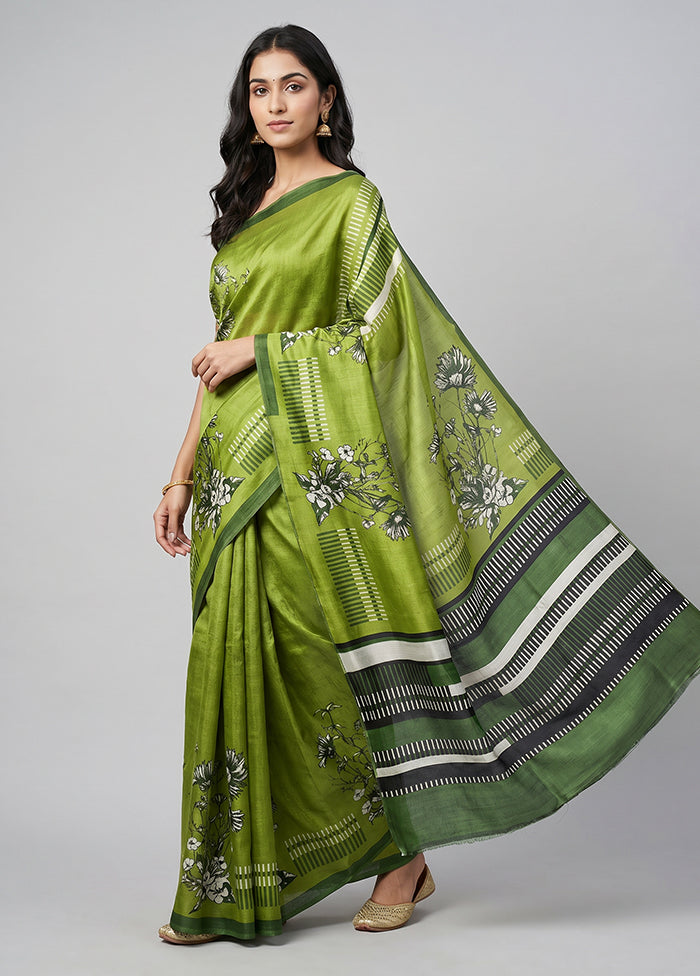 Green Printed Silk Saree Without Blouse Piece