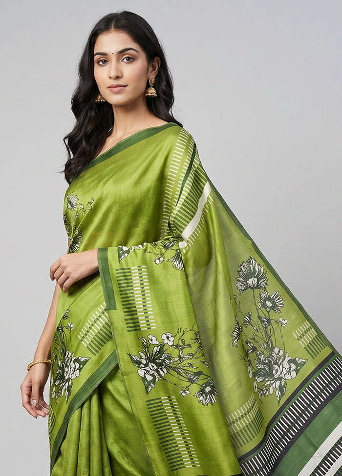Green Printed Silk Saree Without Blouse Piece