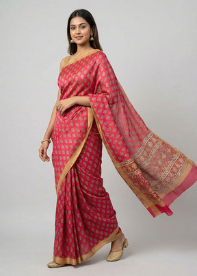 Red Printed Silk Saree Without Blouse Piece