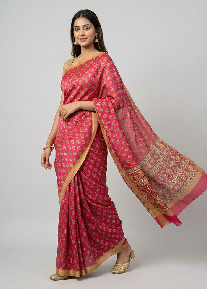 Red Printed Silk Saree Without Blouse Piece