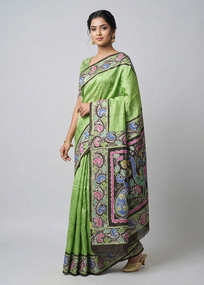 Green Printed Silk Saree Without Blouse Piece