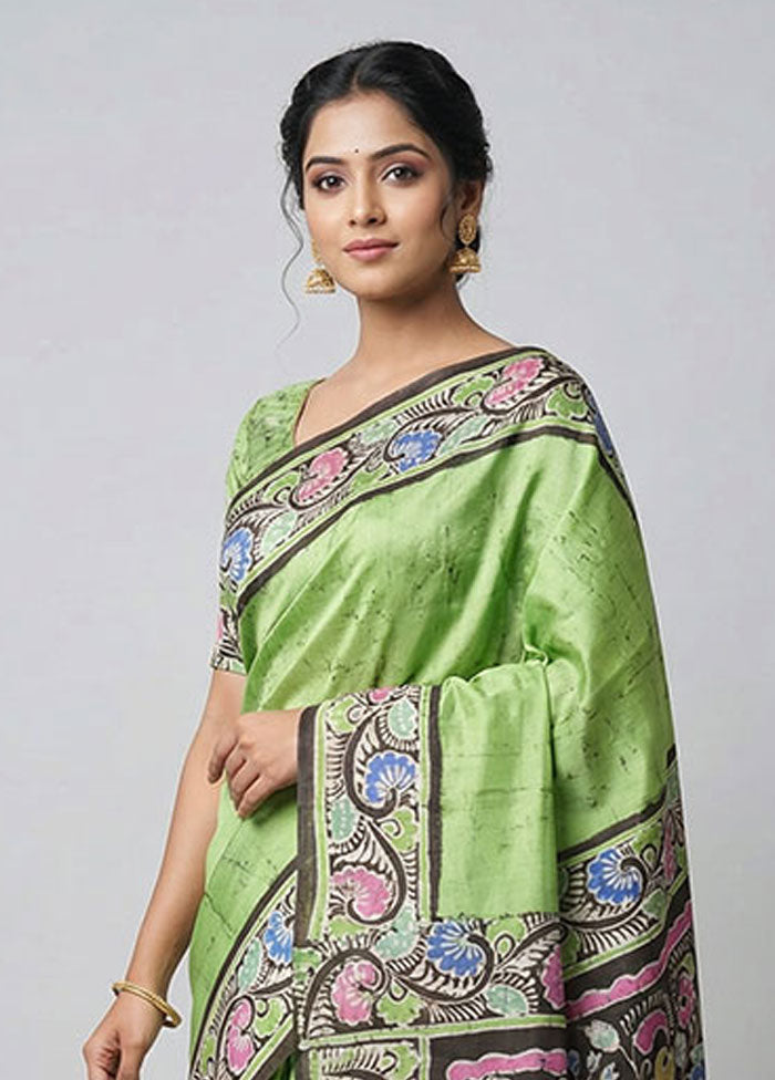 Green Printed Silk Saree Without Blouse Piece