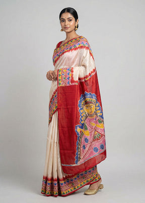 White Printed Silk Saree Without Blouse Piece