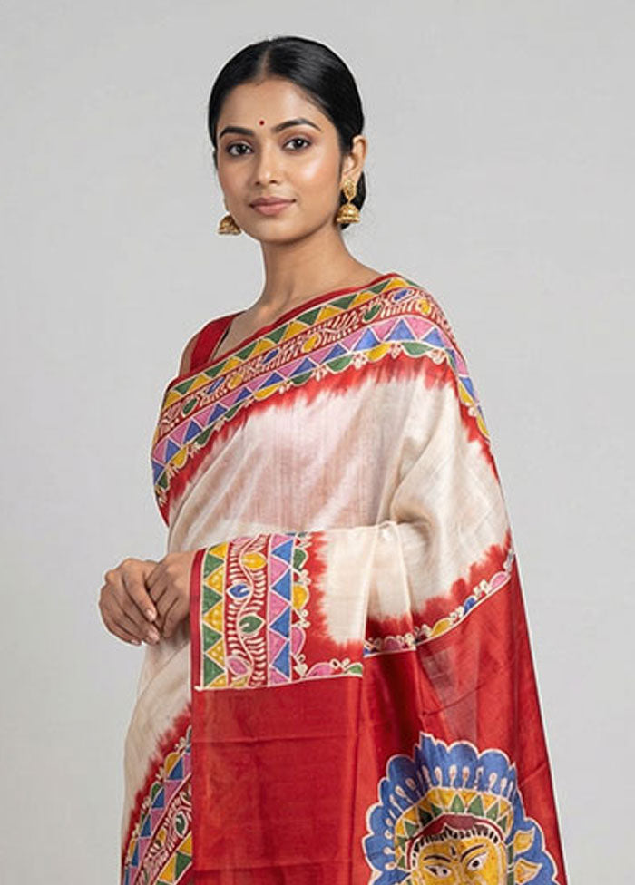 White Printed Silk Saree Without Blouse Piece
