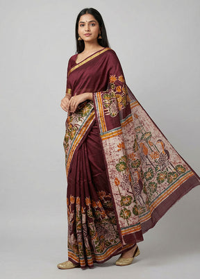 Maroon Printed Silk Saree Without Blouse Piece